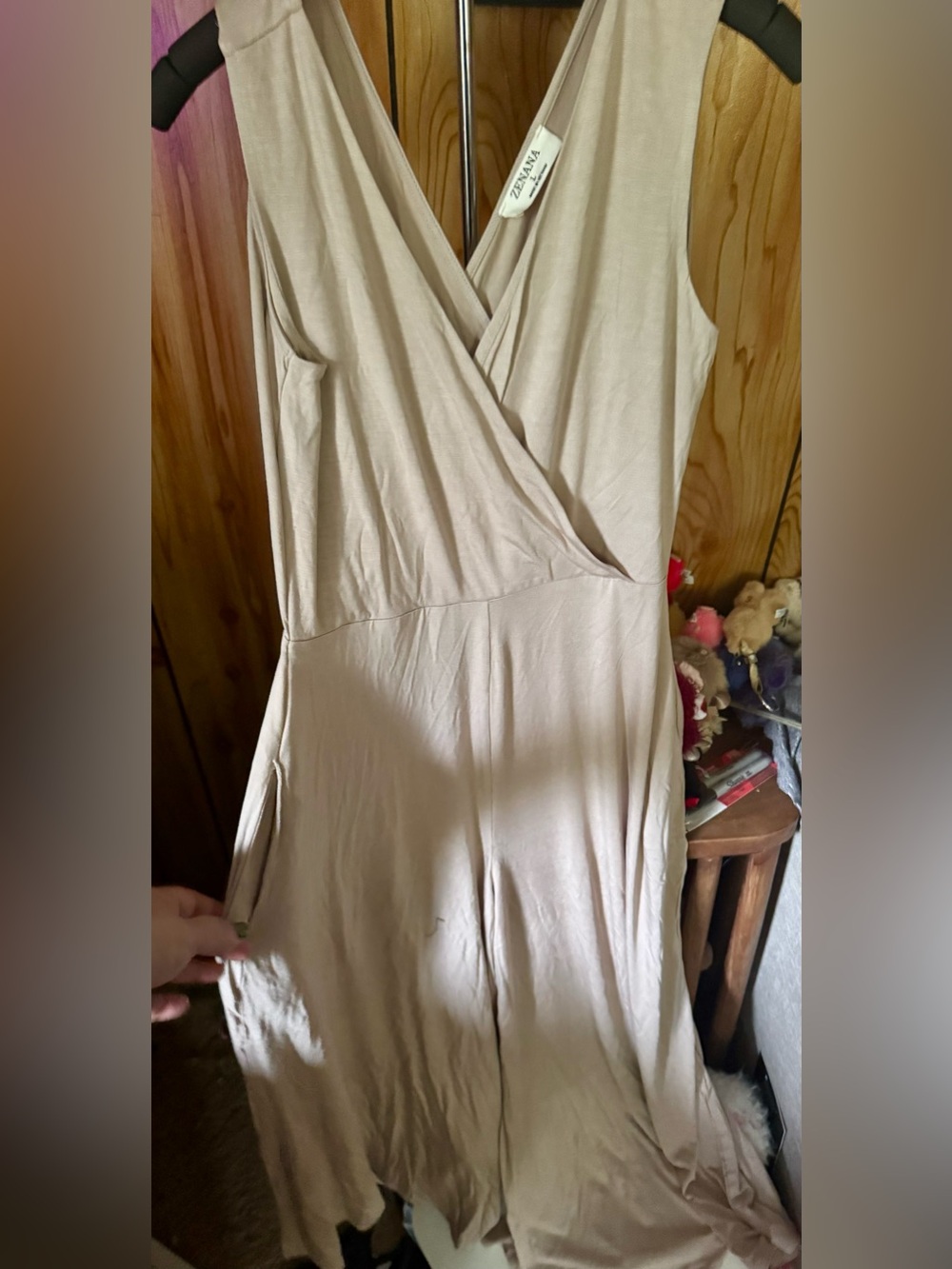 Zenana Beige Sleeveless Wrap Jumpsuit